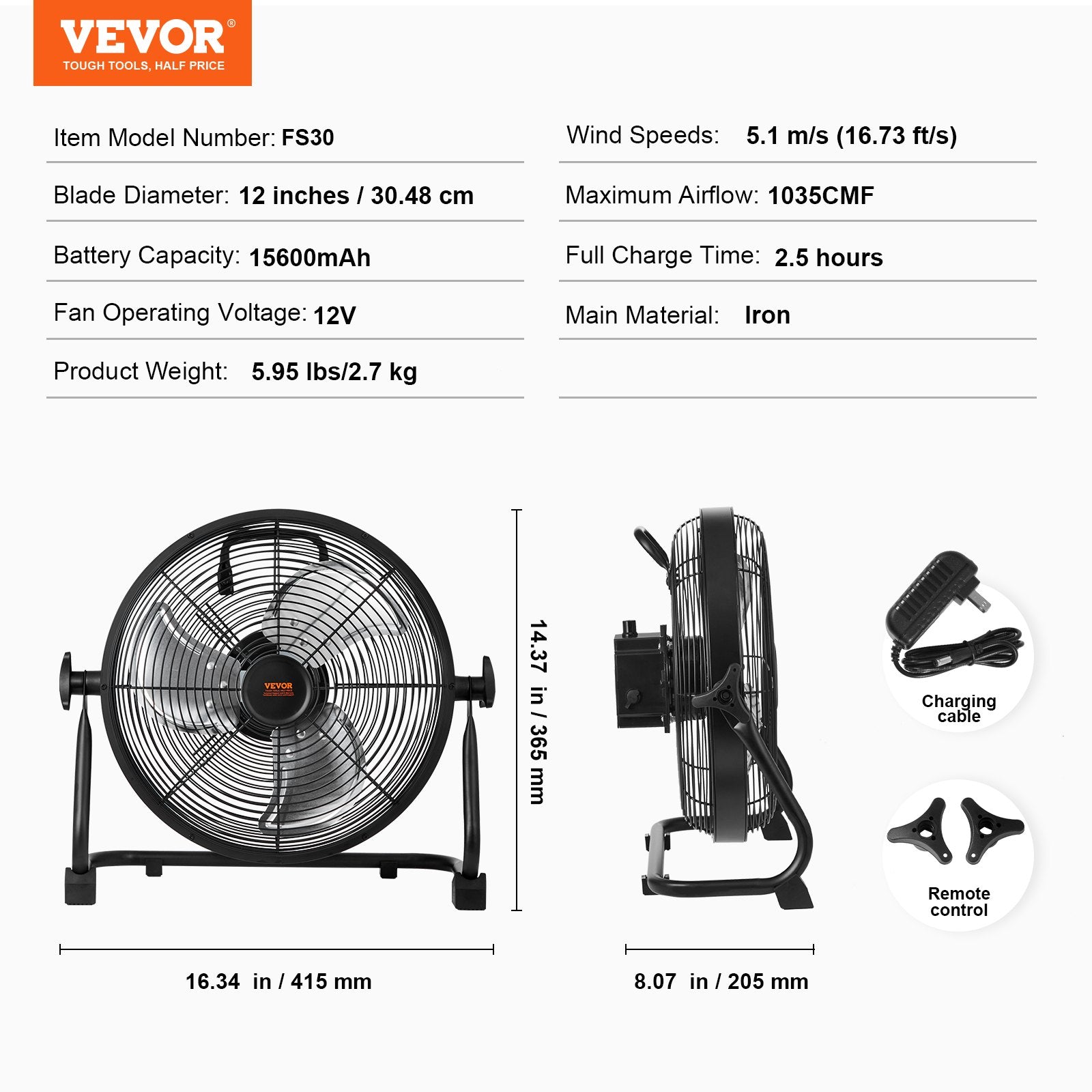 VEVOR Cordless Fan 12 In, Portable Quiet Personal Fan For Home Or Office, 360 Degree Manual Pivoting Head, Stepless Speed Regulation High Velocity Cordless Fan, Heavy Duty Metal Industrial Floor Fans