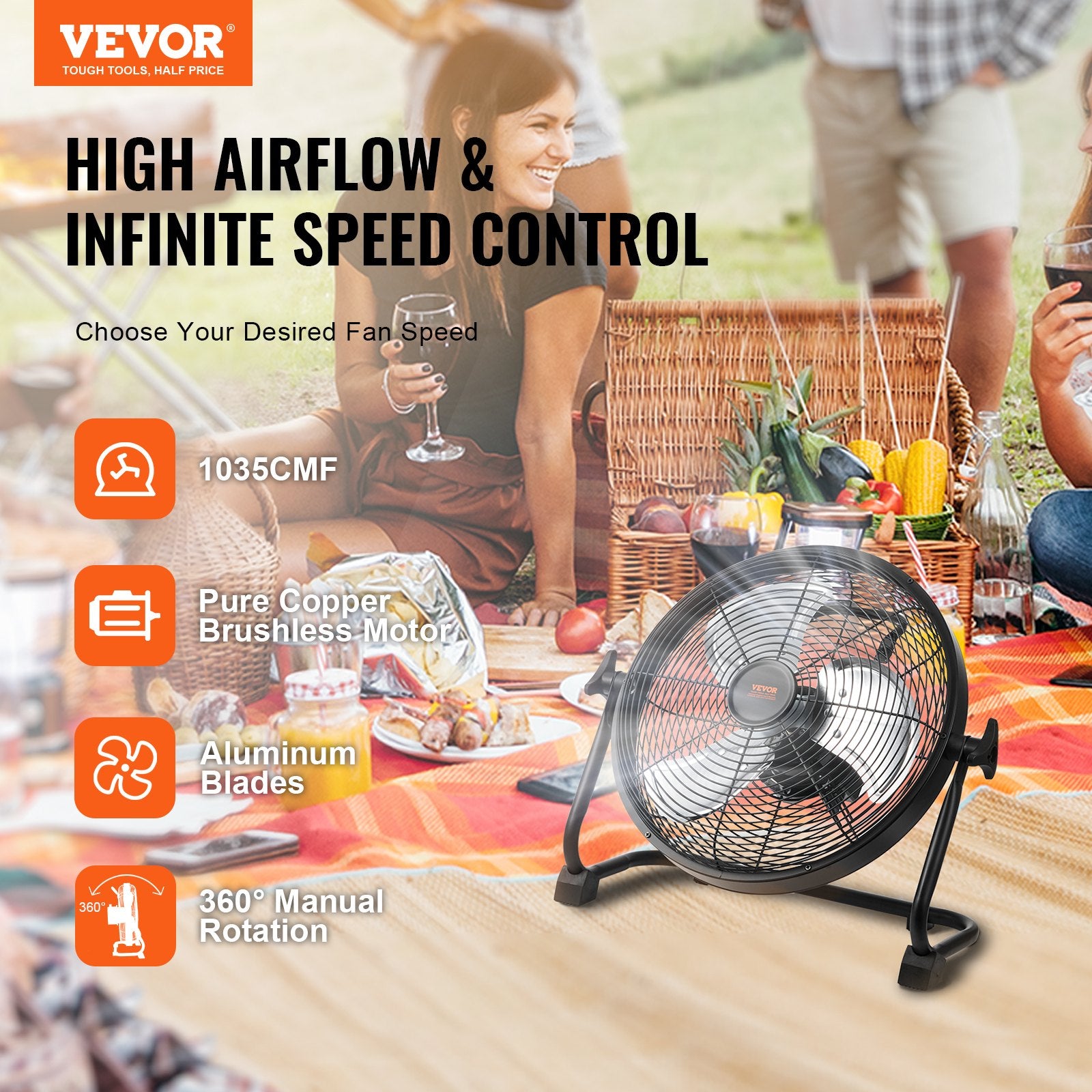 VEVOR Cordless Fan 12 In, Portable Quiet Personal Fan For Home Or Office, 360 Degree Manual Pivoting Head, Stepless Speed Regulation High Velocity Cordless Fan, Heavy Duty Metal Industrial Floor Fans